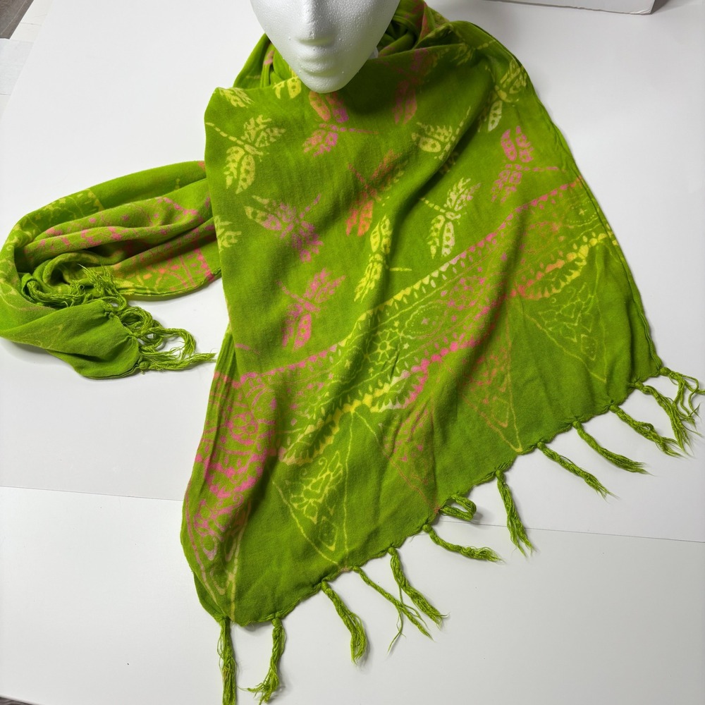 Lime Green Dragonfly Print Scarf Fringe Boho Summer Wrap Y2K Frutiger Aero Beach